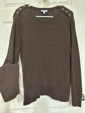 Kim Rogers Chocolate Brown Cotton Cable Knit Button Shoulder Crewneck Sweater L